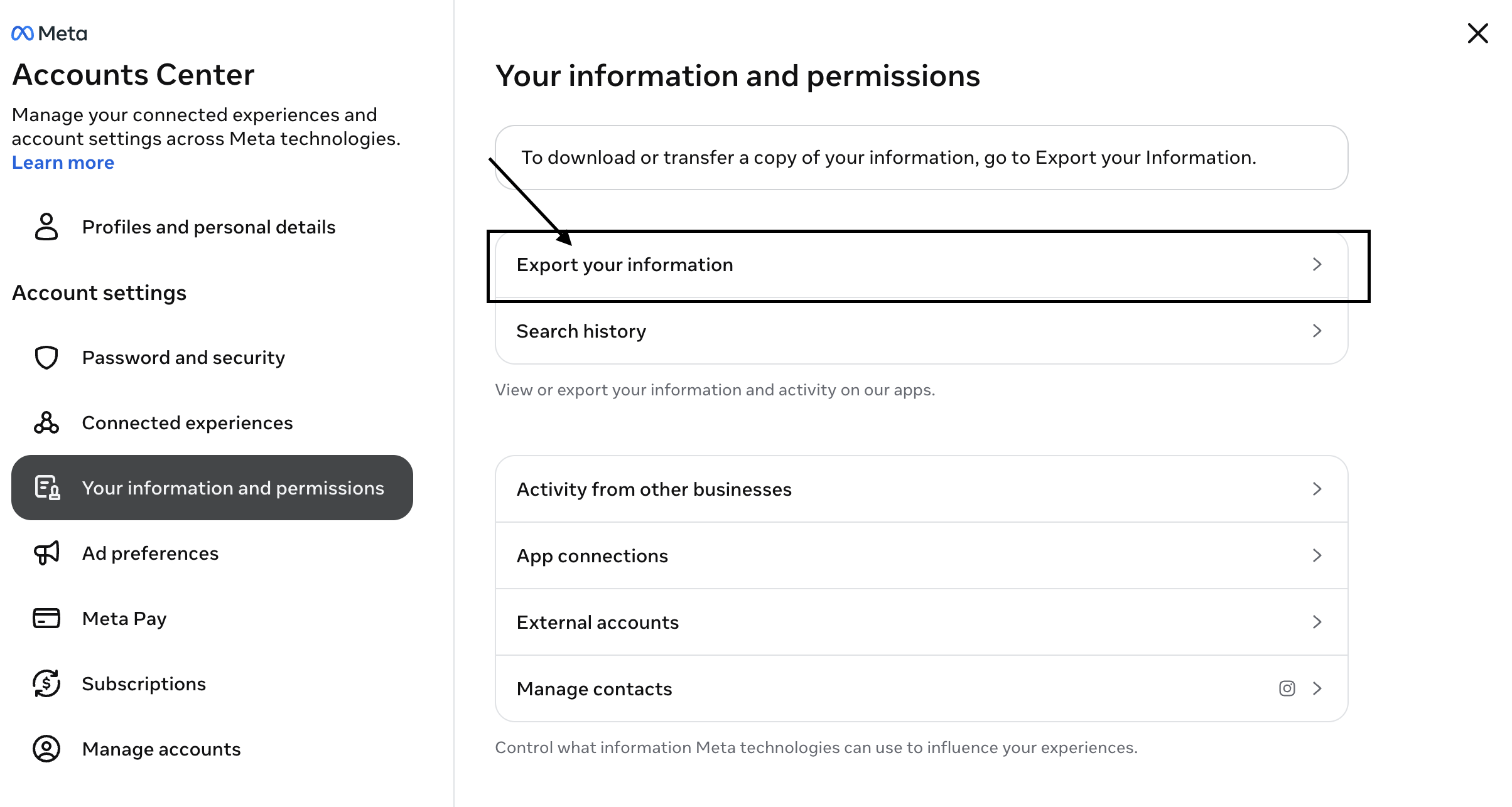 Accounts Center with Your information and permissions selected and Export your information highlighted