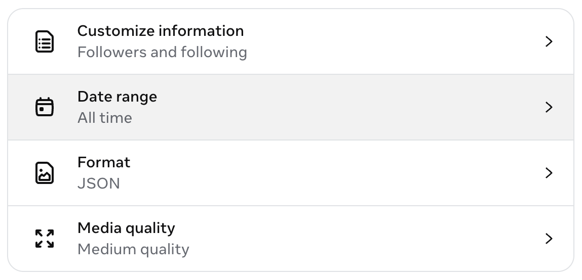 Final export settings showing Followers and following, All time, JSON, and Medium quality